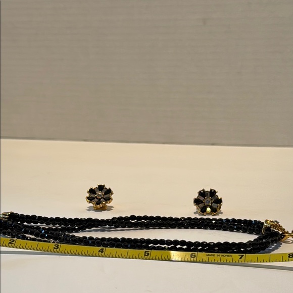 Vintage 1928 Multi Strand Black Bead Rhinestone Cross Necklace w/Clip Earrings - Picture 7 of 7